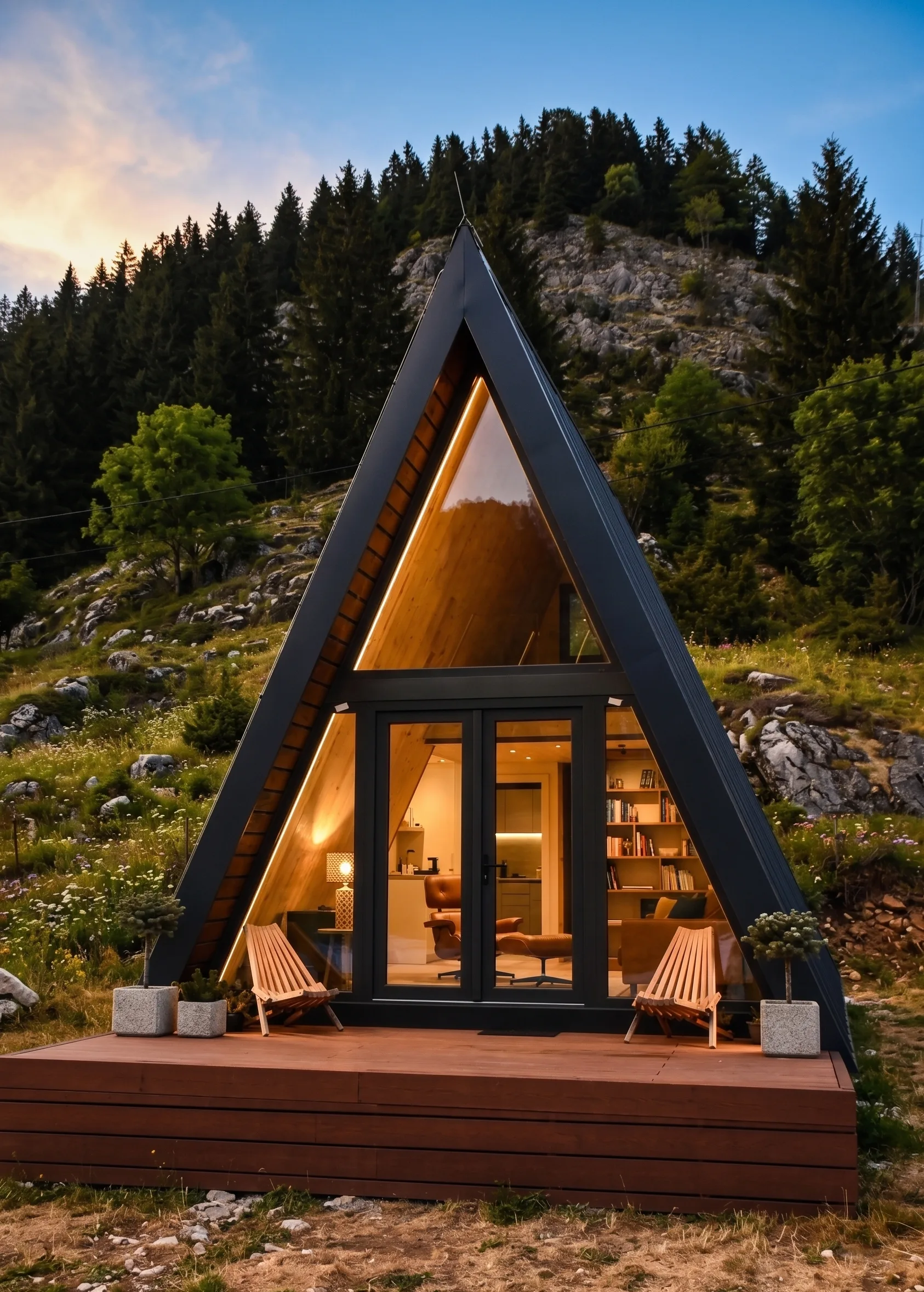 Deluxe A-frame chalet at dusk on Bjelašnica