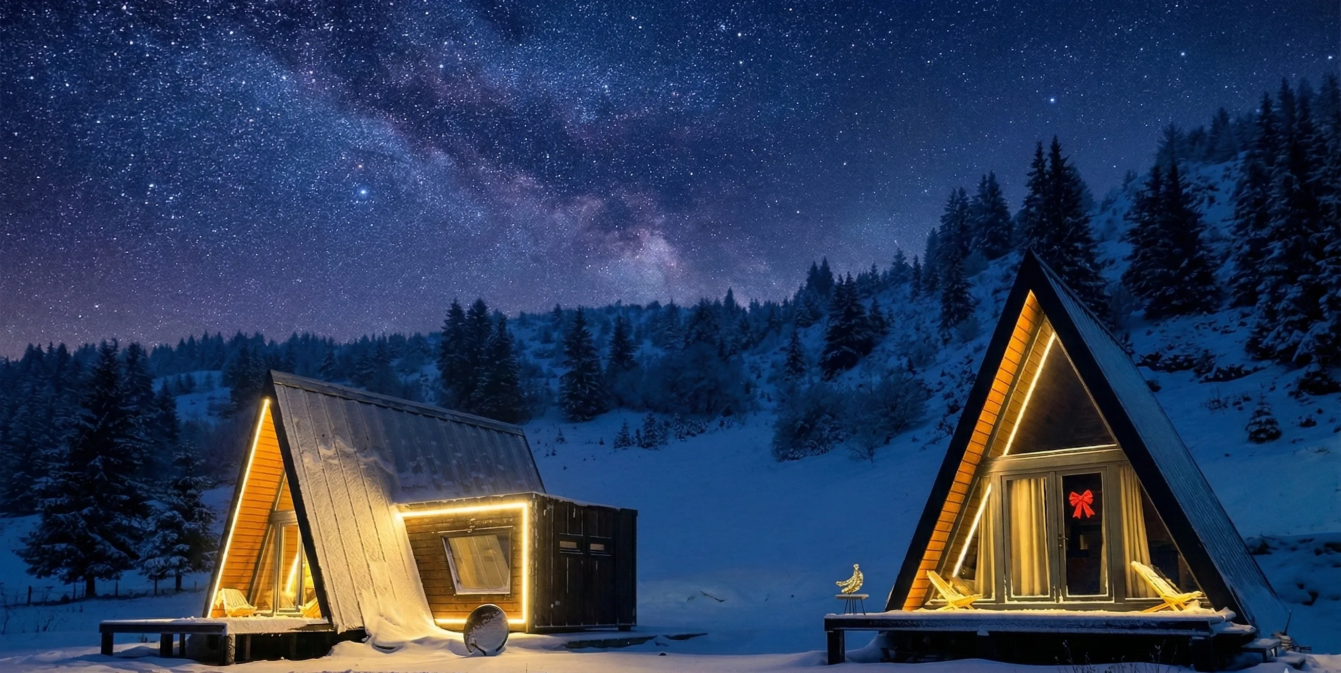 Cozy mountain cabin covered in snow